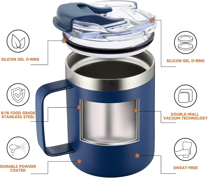 12oz Stainless Steel Insulated Coffee Mug with Handle, Double Wall Vacuum Tumbler Cup with Fliping Lid, Navy, 4 Pack