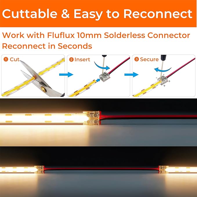 Candlelight COB LED Strip Lights 2400K, 5W/FT, 16.4FT 24V LED Tape Light with 3M VHB Backing, CRI 95, UL Listed, Cuttable, Dimmable, Bendable for Bars, Restaurants, Relaxing (NO Power Supply)