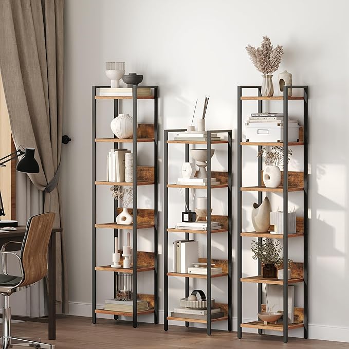 MAHANCRIS Bookshelf, 6-Tier Bookcase, Standing Book Shelf for Small Space, Storage Shelf Organizer, for Living Room, Bedroom, Study, Balcony, Rustic Brown and Black BKHR6601