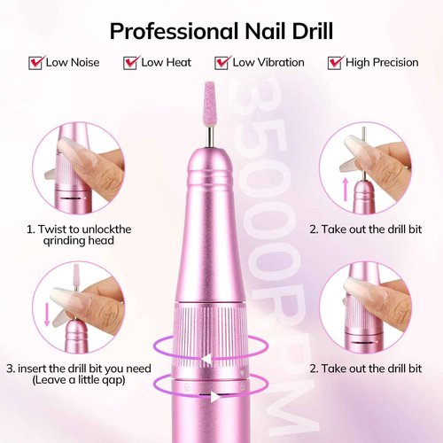 Lavinda Nail Drill 35000 RPM, Cordless Rechargeable Electric Nail File Machine, Professional Efile for Acrylic Nails, Gel Polish, Cuticle Removal, Home and Salon (Pink)
