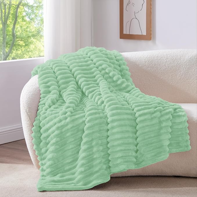 BEDELITE Twin Blanket for Couch & Bed, 300GSM Soft & Warm Fleece Blanket, Decorative and Giftable Striped Mint Green Blankets for Women, Men, 60"x80"