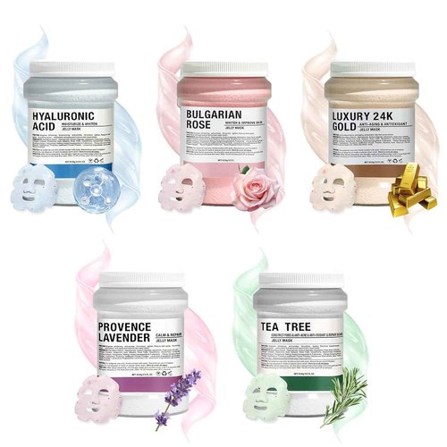 Fokiabin Jelly Mask for Facials Professional Hydrating Deep Cleaning Face Mask Set - 115Fl Oz 5 Treatments (Hyaluronic Acid,Bulgari Rose,24K Gold,VC Essence,Tea tree)