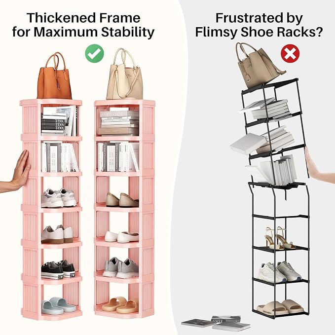 Kitstorack 5-Tier Vertical Plastic Shoe Rack, Freestanding Stackable Shoe Storage Organizer Cubes Shoe Shelf Tower or Small Closets and Tight Spaces, Pink