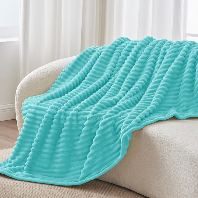 BEDELITE Twin Blanket for Couch & Bed, 300GSM Soft & Warm Fleece Blanket, Decorative and Giftable Striped Aqua Blankets for Women, Men, 60"x80"