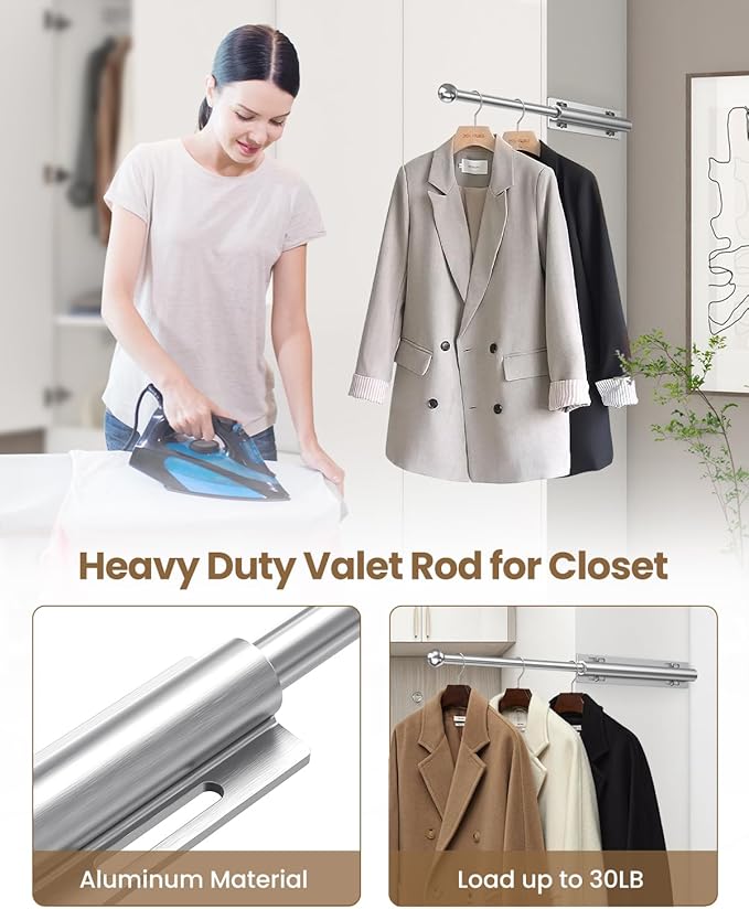Supforce Valet Rod for Closet Pull Out, Retractable Slide Out Valet Rod Closet Organization, 12" Aluminum Valet Clothing Hanger Rods Perfect for Suits, Freshly Pressed Clothes, White