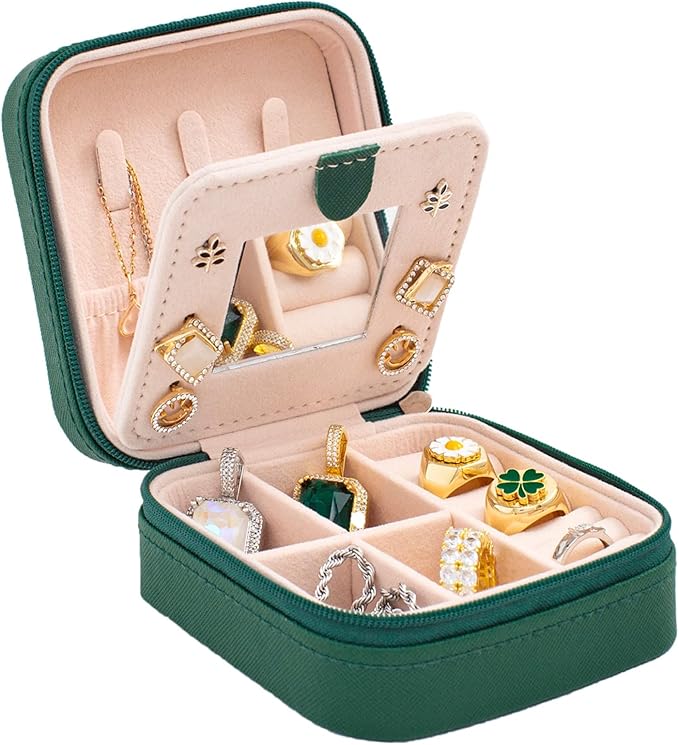 KElofoN Travel jewelry case Travel jewelry box Travel Jewelry Organizer Small box Gift for Girls Women with Mirror(Green)