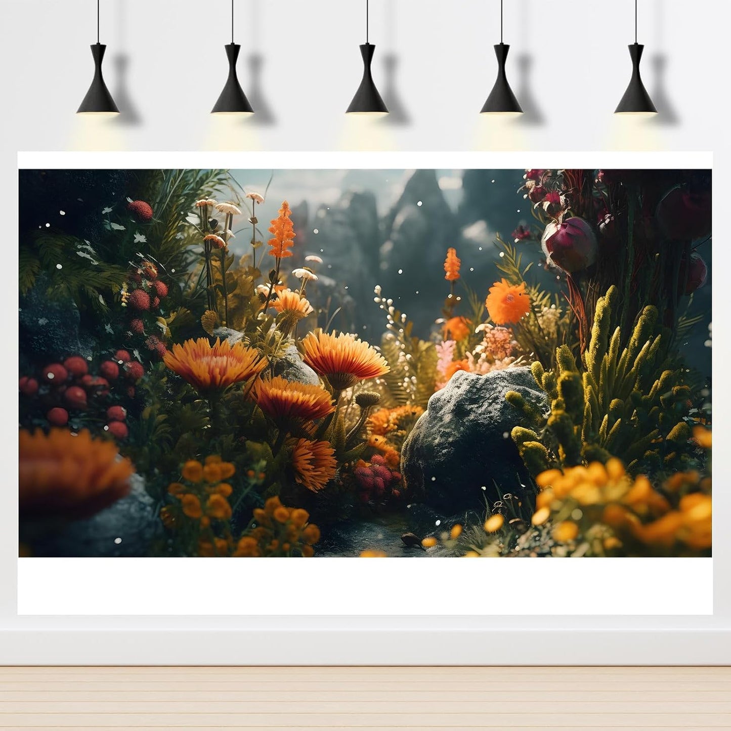 Foggy Stone Terrarium Background Green Seaweed Scenery Orange Floral Aquarium Background Durable Reptile Habitat Flower Background Mysterious Tank Backdrop Vinyl 36x18in