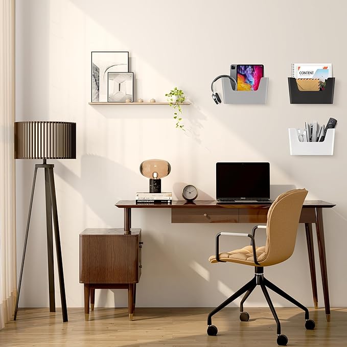 JOMOLA No Drilling File Holder 5 Pack Mail Organizer Wall Mount File Organizer Holder Office Wall Hanging Files Magazines Organizer Plastic Door Mount Wall Pocket with Adhesive Pad, Grey Color