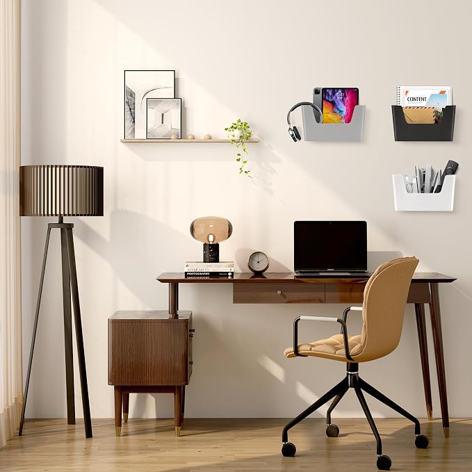 JOMOLA No Drilling File Holder 5 Pack Mail Organizer Wall Mount File Organizer Holder Office Wall Hanging Files Magazines Organizer Plastic Door Mount Wall Pocket with Adhesive Pad, Black Color