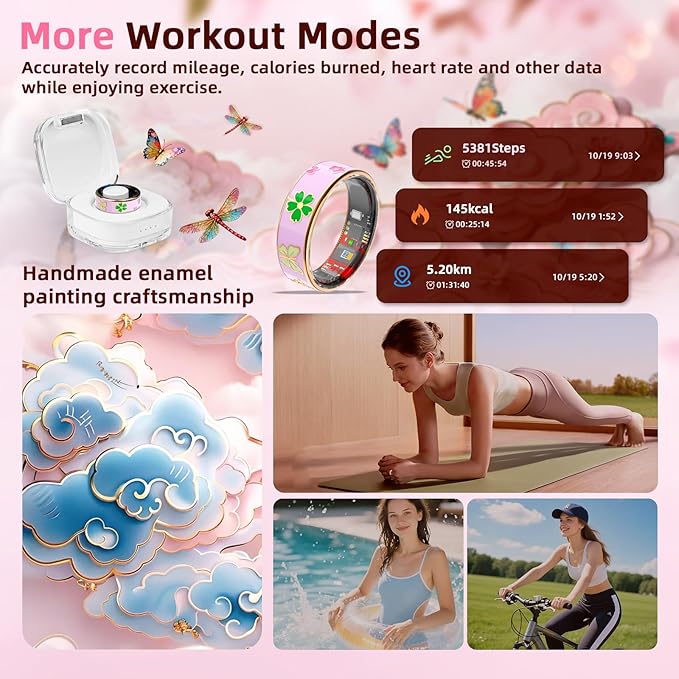 Enamel Craft Smart Ring for Women & Men No Subscription Fee Fitness Tracker with Sleep Tracking, Heart Rate, SpO2 - IP68 Waterproof for iOS Android - Activity Tracker, Remote Camera (Pink, 6)