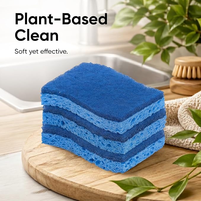 Superio Non-Scratch Cellulose Sponge Scrub (12-Pack) Heavy Duty Kitchen Sponges Scrubbers with Scouring Pad (Blue)