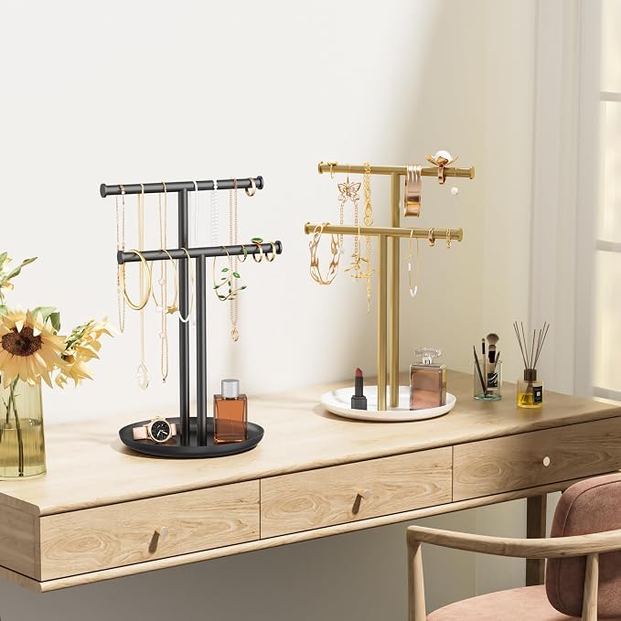 Gold Necklace Rack Stand with Storage Tray - 2 Rods T-Shaped Jewelry Holder Stand for Bracelets, Earrings, Rings | Elegant Vanity & Dresser Top Storage for Women.