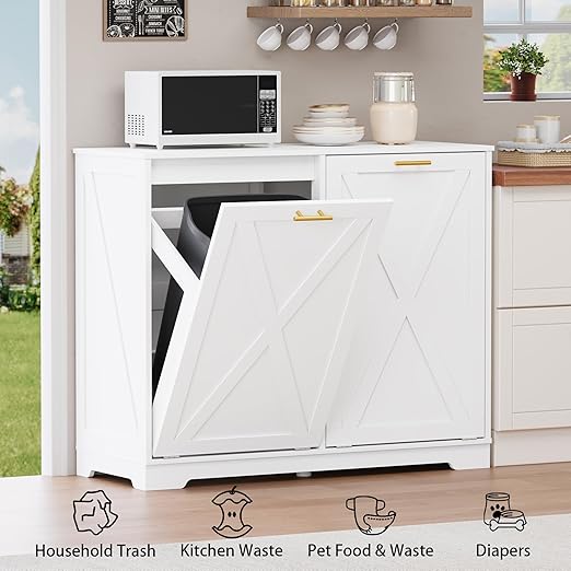 Double Tilt Out Trash Can Cabinet, Wooden Farmhouse Kitchen Garbage Bin Enclosure with Negative Ion Odor Control, Hidden Dog Proof Trash or Laundry Basket Storage for Laundry Room, White