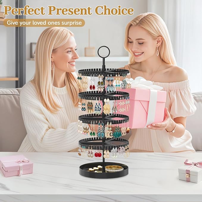 MODOWEY 4 Tier Rotating Earring Holder Organizer Display Tree with Metal Tray, Adjustable Plastic Stand with 228 Slots for Stud Hoop Hanger, Large Capacity Storage Rack for Women Space Saving, Black