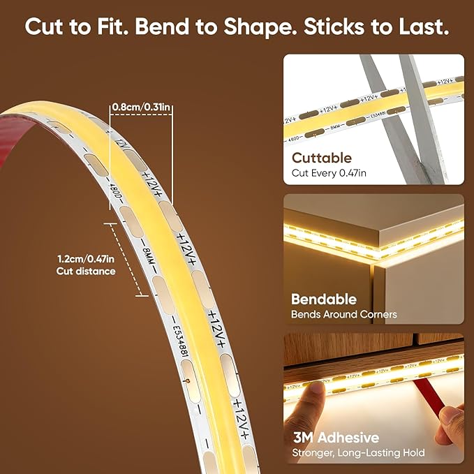 V4light COB LED Strip Light, Natural White (4000K), 12V Tape Light, CRI 95+, 3W/FT High Density, Dotless, Cuttable, UL Listed, Gold-Plated PCB for Bedroom, Kitchen, Cabinets (No Power Supply)