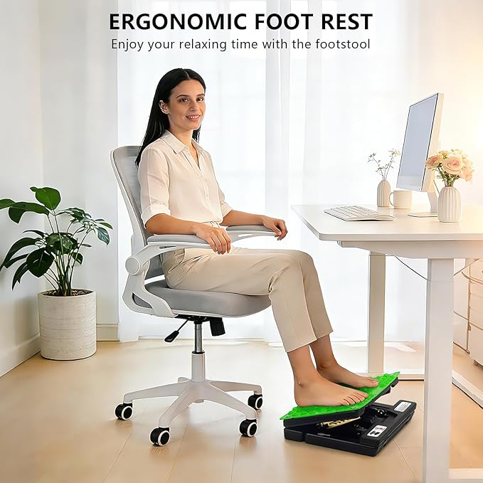 Footrest for Under Desk at Work, Height Adjustable Foot Rest with Reflexology Pad, Foldable Ergonomic Foot Stool for Muscle Tension Relief, Suitable for Office, Home & All-Season Use(Green)