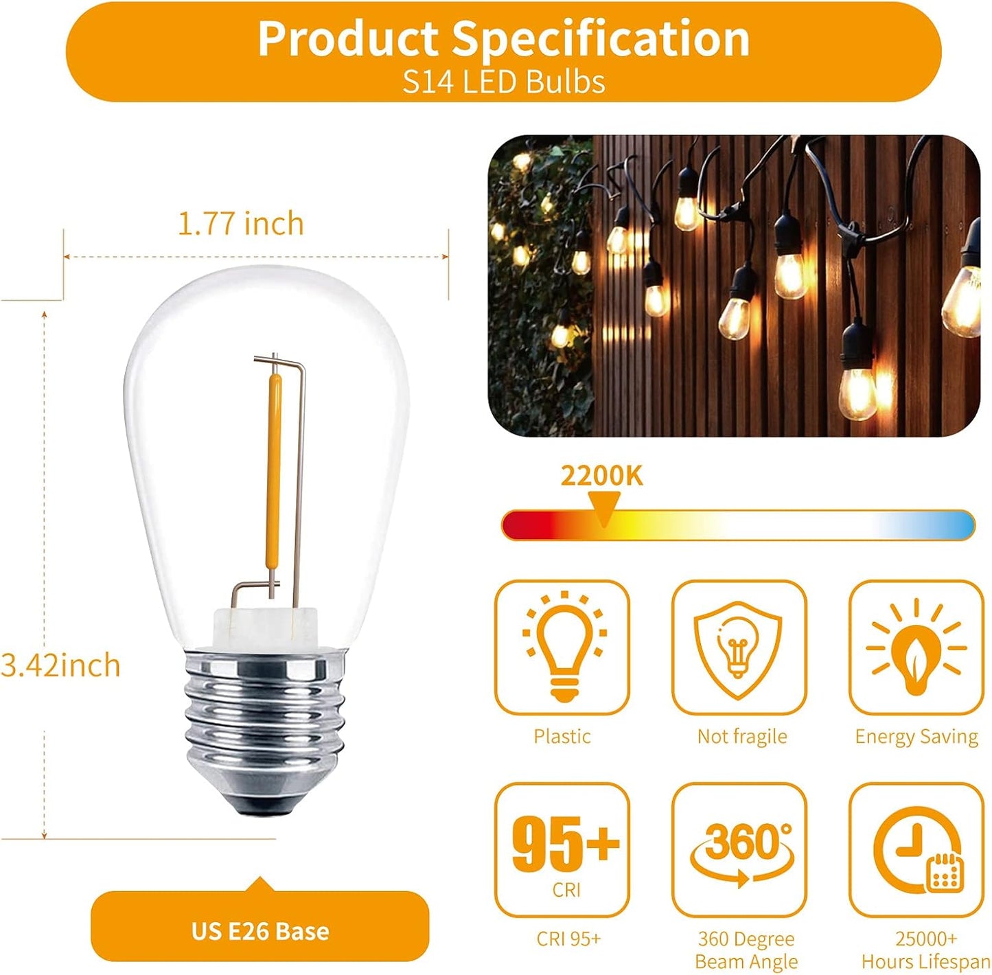 Meconard 24 Pack LED S14 Replacement Light Bulbs, Shatterproof Outdoor 1 Watt to Replace 11Watts String Incandescent Bulb, E26 Regular Medium Screw Base, 2200K Warm White, Non-Dimmable