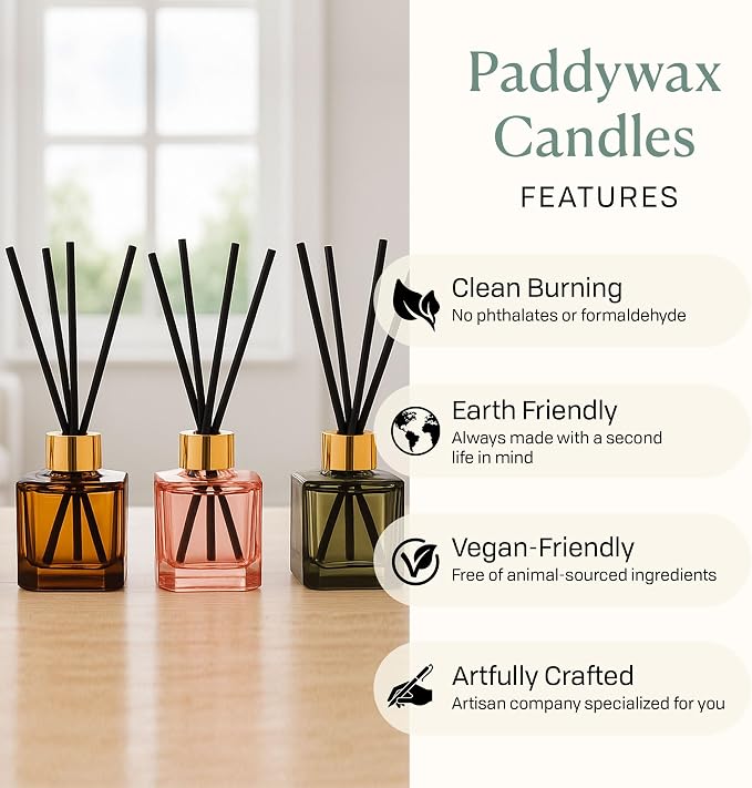 Paddywax Botanica Scented Oil Diffuser with Reeds in Reusable White Glass Bottle, Tubed Gift Box, Includes Diffuser Sticks, Long-Lasting Fragrance, Reusable & Upcyclable, Cotton & Teak, 2.8 fl oz