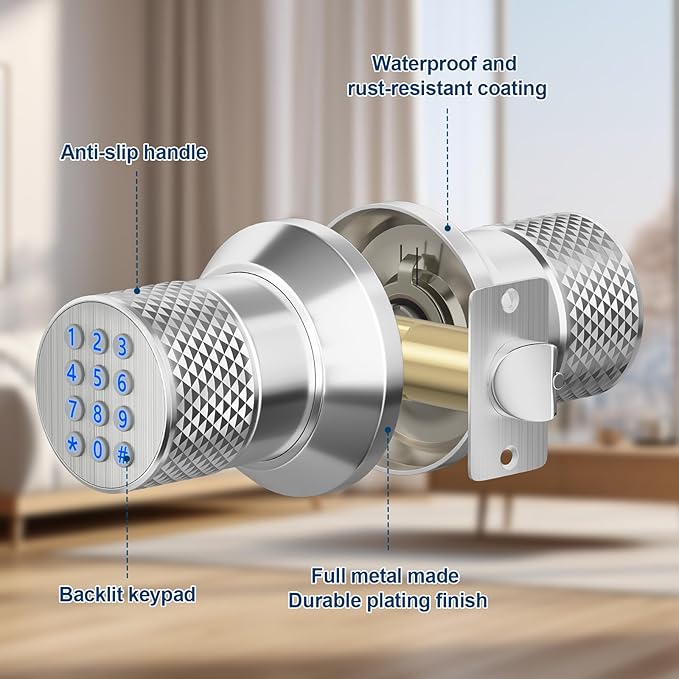FITNATE Keypad Door Knob, Keyless Smart Lock with Back-Lit Keypad, Electronic Door Lock with Spare Keys, Easy to Install, for Home, Bedroom, Hotel and Office, Silver