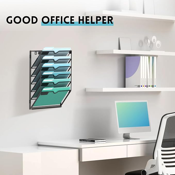 SUPEASY 6-Tier Wall File Organizer, Hanging Wall Files for Papers, Folders, Magazines, Wall Organizer for Clipboard, Assembly Needed, Black, 2 Pack