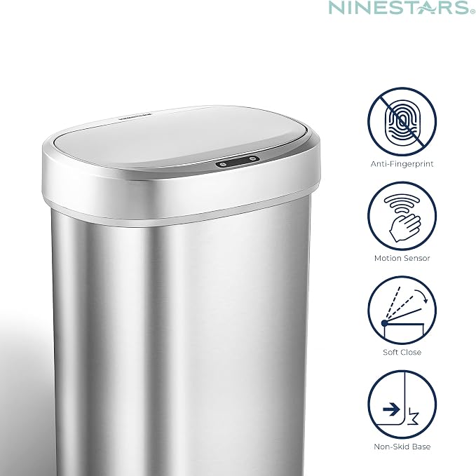 Ninestars DZT-50-49 Automatic Touchless Motion Sensor Oval Trash Can with Black Top, 13 gallon/50 L, Stainless Steel