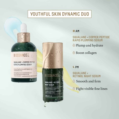 Biossance Squalane + Copper Peptide Rapid Plumping Serum - Face Serum for All Skin Types - Visibly Plumping + Firming Skin, Fine Lines + Wrinkles, Vegan Copper Peptides, Hyaluronic Acid - 1.69oz
