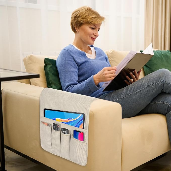 Remote Control Holder, Armchair Caddy Couch Caddy, Anti Slip Corduroy Tv Remote Holder Couch Caddy with 5 Pockets for Storage Couch Accessories Bedside Organizer Senior Citizen Gifts