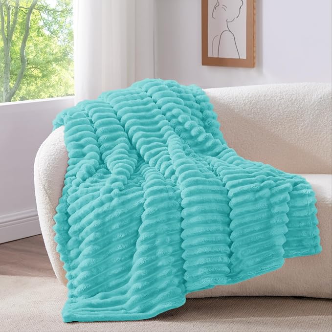 BEDELITE Twin Blanket for Couch & Bed, 300GSM Soft & Warm Fleece Blanket, Decorative and Giftable Striped Aqua Blankets for Women, Men, 60"x80"