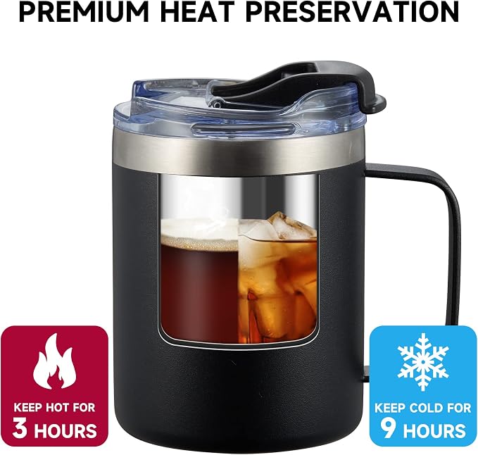 12oz Insulated Coffee Mug Cup with Handle, Stainless Steel Travel Coffee Mug with Flip Lid, Double Wall Vacuum Coffee Tumbler, Cream