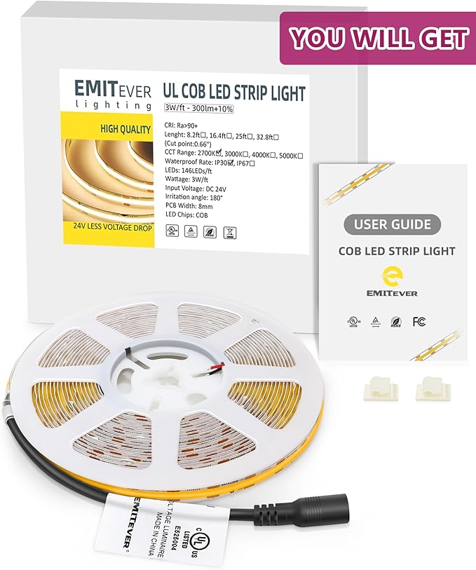 EMITEVER COB LED Strip Lights Warm White, 24V 2700K Tape Light Premium High Density, 300+Lumens/ft, 2400LEDs/Spool, Ra 90+, 16.4ft, 3W/ft, UL Listed 5 Year Warranty (Power Supply Sold Separately)