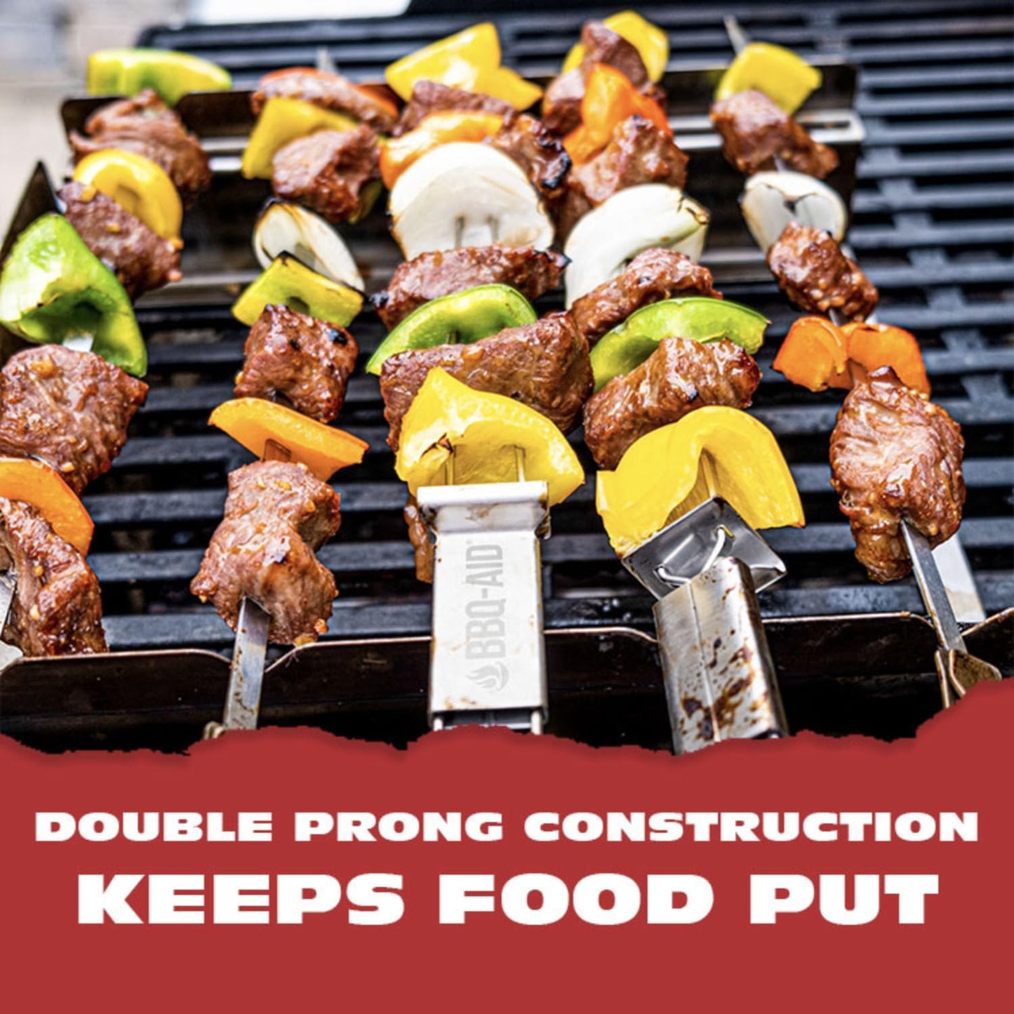 BBQ-AID Premium Barbecue Metal Skewers for Kabobs with Quick Release - Double Pronged, Stainless Steel Metal Skewer for Grilling - Shish Kabob Sticks, Veggies & More