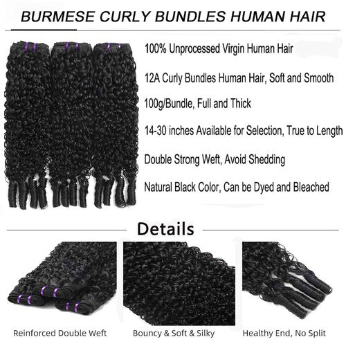 Vanlov 3C4A Burmese Curly Human Hair Bundles 14 16 18 Inch Curly Bundles Unprocessed Burmese Raw Hair Extension Real Human Hair Natural Color Human Hair Weft Extensions