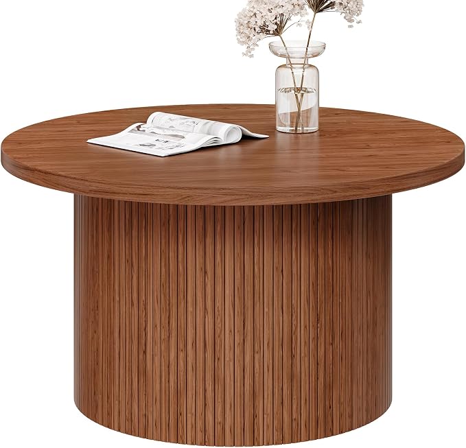 ONBRILL 31.5" Round Coffee Table, Tambour Design Coffee Tables for Living Room, Mid Century Modern Wood Coffee Table, Drum Accent Small Center Table, Walnut