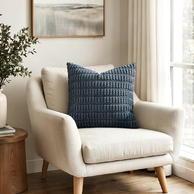 MIULEE Pack of 2 Corduroy Decorative Throw Pillow Covers 18x18 Inch Soft Boho Striped Pillow Covers Modern Farmhouse Home Decor for Summer Coastal Sofa Living Room Couch Bed Blue
