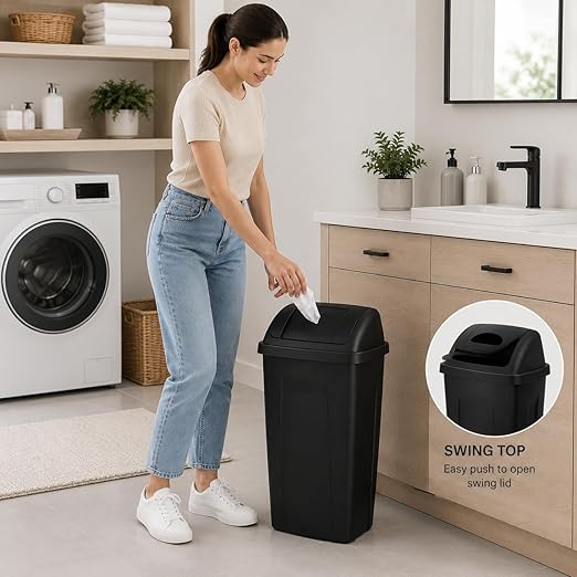 SKYREN 13 Gallon Kitchen Trash Can with Swing Top Lid, Plastic Garbage Bin for Home, Office, Laundry Room, Pantry or Dorm, Black
