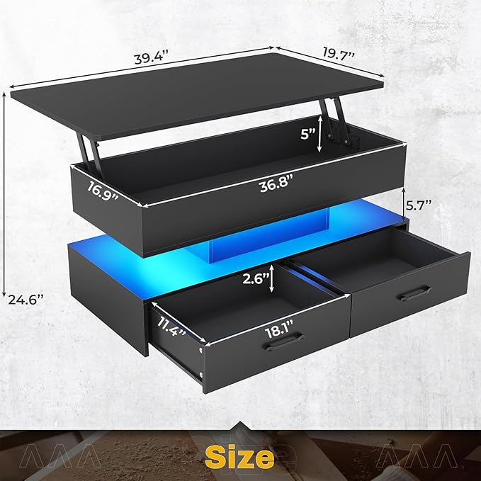 SEDETA 40" Lift Top Coffee Table, Coffee Tables with Storage for Living Room, Small Coffee Table with 2 Drawers & LED Light for Dining Reception Room, Black