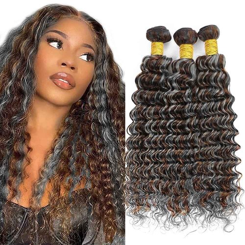 Giginger Bundles Human Hair P4/GREY 24 26 28 inch Deep Wave Human Hair Bundles Highlight Chocolate Grey Unprocessed Quick Weave Soft Sewn In Hair Extensions for Black Women
