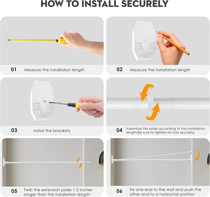1.1 Inch Diameter Tension Closet Rods for Hanging Clothes 32-97 Inch, Adjustable Pole Closet to Hang Clothes, Heavy Duty Closet bar for Wardrobes with No Drilling Holder, White