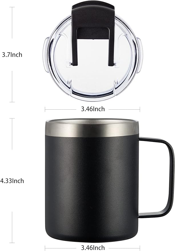 12oz Insulated Coffee Mug Cup with Handle, Stainless Steel Travel Coffee Mug with Flip Lid, Double Wall Vacuum Coffee Tumbler, Black