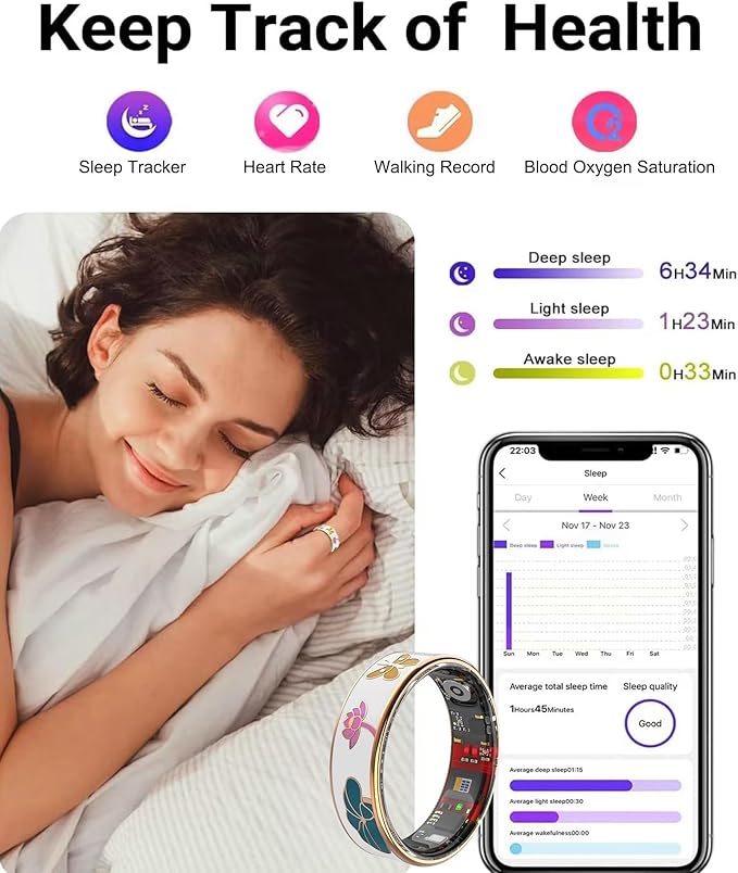 Smart Ring for Women,Fitness Tracker with Heart Rate,Blood Oxygen,Menstrual Cycle,Sleep Monitoring,Step Counting,IP68 Waterproof for iOS and Android,No Subscription Fee (13#)