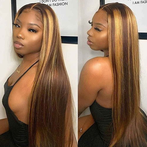 Sunelk Highlight Ombre Lace Front Wig Human Hair Colored 4/27 13x6x1 HD Transparent Lace Frontal Wigs Ombre Blonde Straight Human Hair Wigs for Women 150% Density Pre Plucked 22 inch