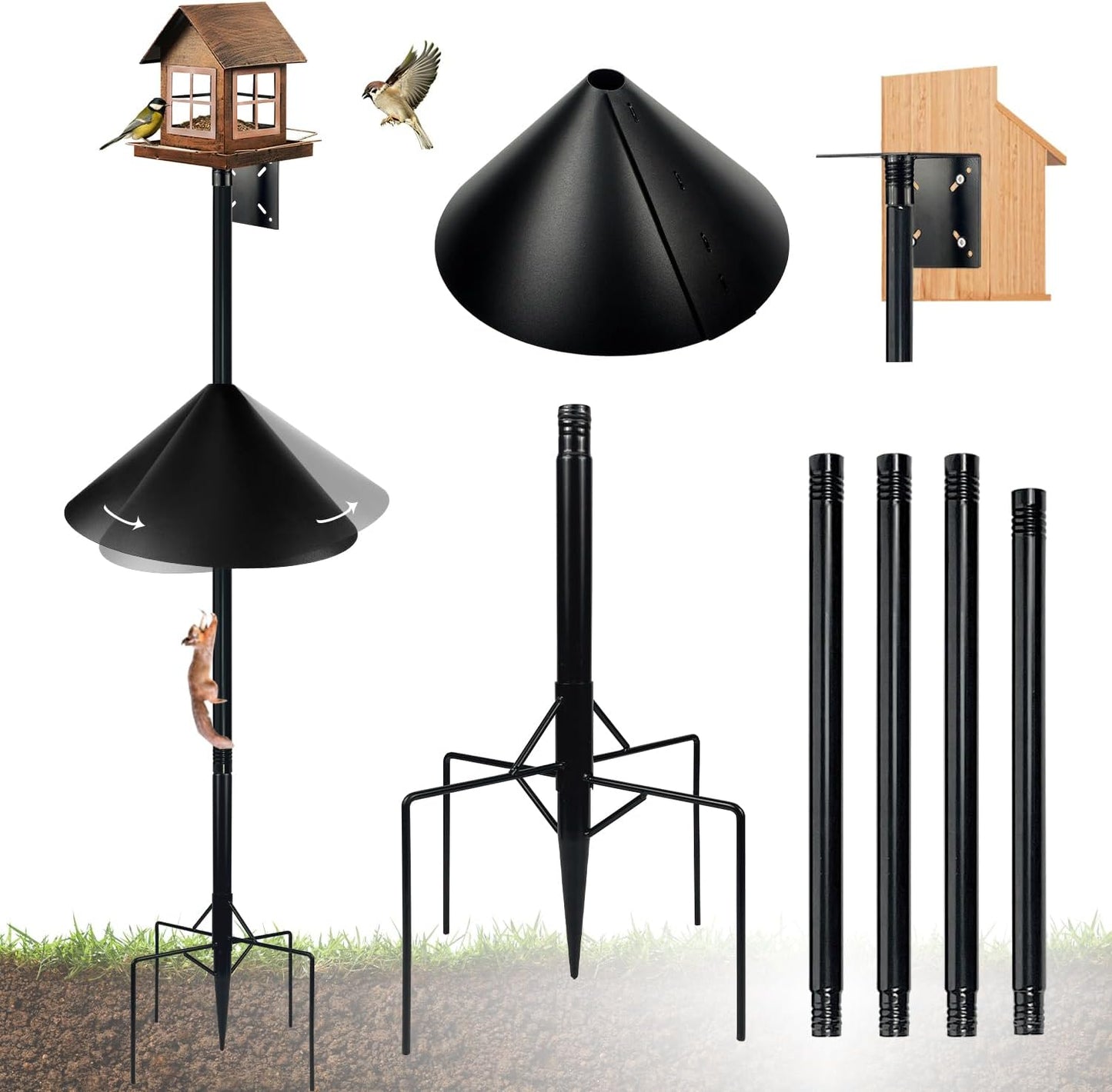 Bird Feeder Pole for Outdoors, 90 Inch Tall with 1-Inch Heavy Duty Steel Tube, 18 Inch Squirrel Baffle, 5-Prong Base, Adjustable Feeding Station for Bird feeders for Outdoors birdbath