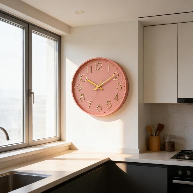 DAXSMY Wall Clock - 8 Inch Silent Non-Ticking Modern 3D Wall Clocks Battery Operated - Decorative Clock for Kitchen, Home Office, Bathroom, Bedroom(Pink)