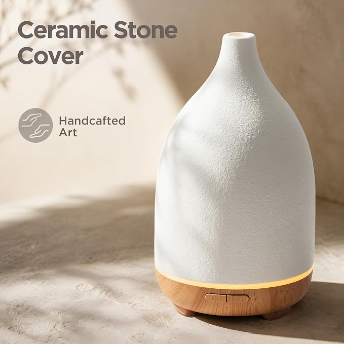 InnoGear Oil Diffuser, 150ML Ceramic Diffuser for Essential Oils Handcrafted Aromatherapy Diffuser Mother's Gift Ultrasonic Cool Mist Humidifier with 2 Mist Modes Waterless Auto Off for Home, White