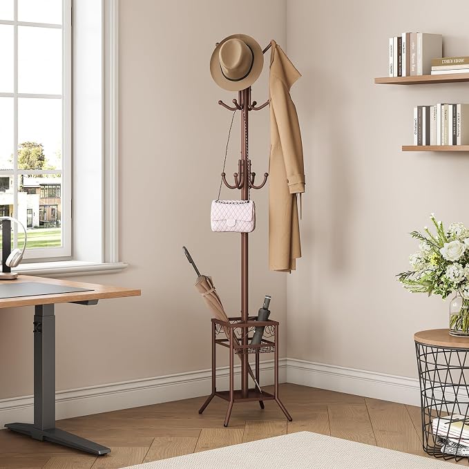 ELYKEN Coat Rack Freestanding, Metal Coat Rack Stand with Umbrella Holder, Modern Coat Tree with 12 Hooks, Floor Standing Corner Hall Tree for Entryway Living Room Bedroom Office, Brown