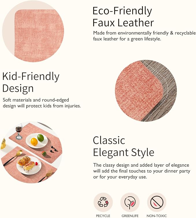 Maxpearl Faux Leather Placemats Set of 4 - Waterproof - Wipe Clean - Heat Resistant - Anti Slip Dining Table Place Mats, Suitable for Indoor & Outdoor Use, 17’’×12’’, Peachy Pink