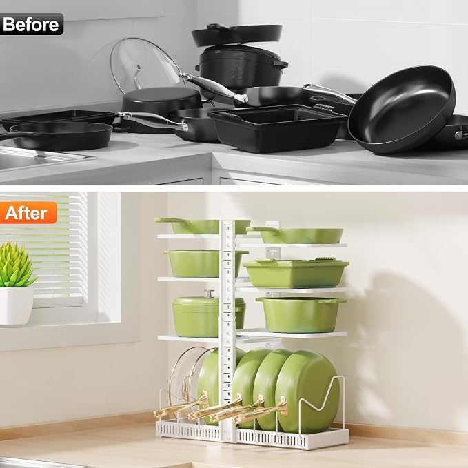 LAMU Pots and Pans Organizer under Cabinet, Pan Pot Organizers inside Cabinet with 6 Shelves and Pot Lid Organizer, Adjustable Height Up to 24", Holds up to 12 Pans, Lightweight Pots, White