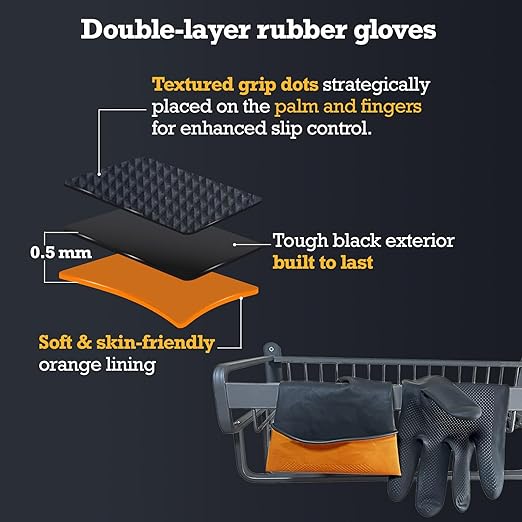 Heavy-Duty Thick Black Rubber Cleaning Gloves, 2 Pairs, M | Reusable & waterproof black/orange dual layers. Non-slip design for dishwashing, kitchen cleaning, and auto care.
