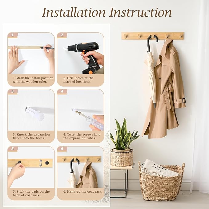 Coat Rack Wall Mount, Wooden Coat Hanger with 5 Hooks, Heavy Duty, Natural, 2 Pcs