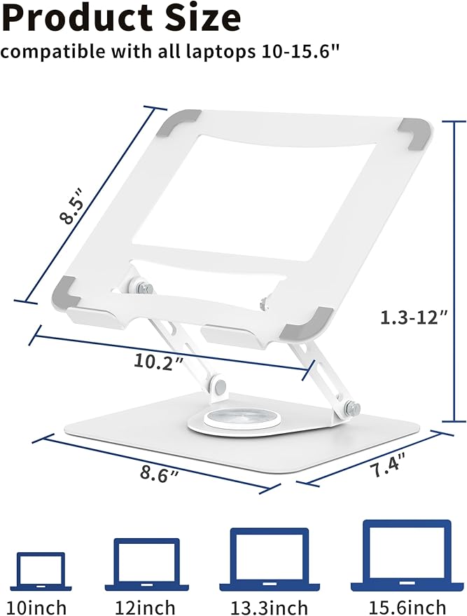 ALASHI Laptop Stand for Desk with 360° Rotating Base, Multi-Angle Adjustable Laptop Stands, Foldable Laptop Riser Compatible with 10 to 15.6 Inches PC Computer, White